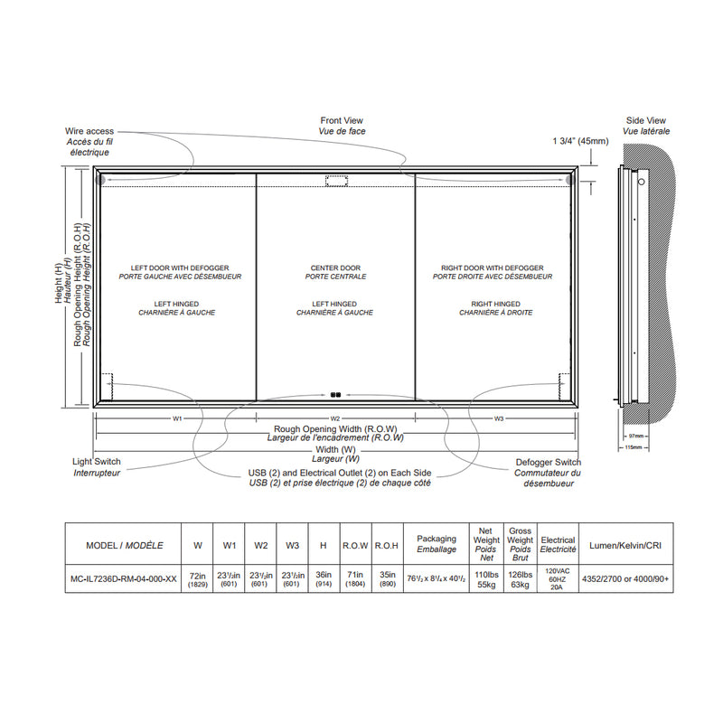 The Illusion 3 Doors Lighted Medicine Cabinet - Recessed Mount - 72W x 36H" Glass/Brushed Nickel