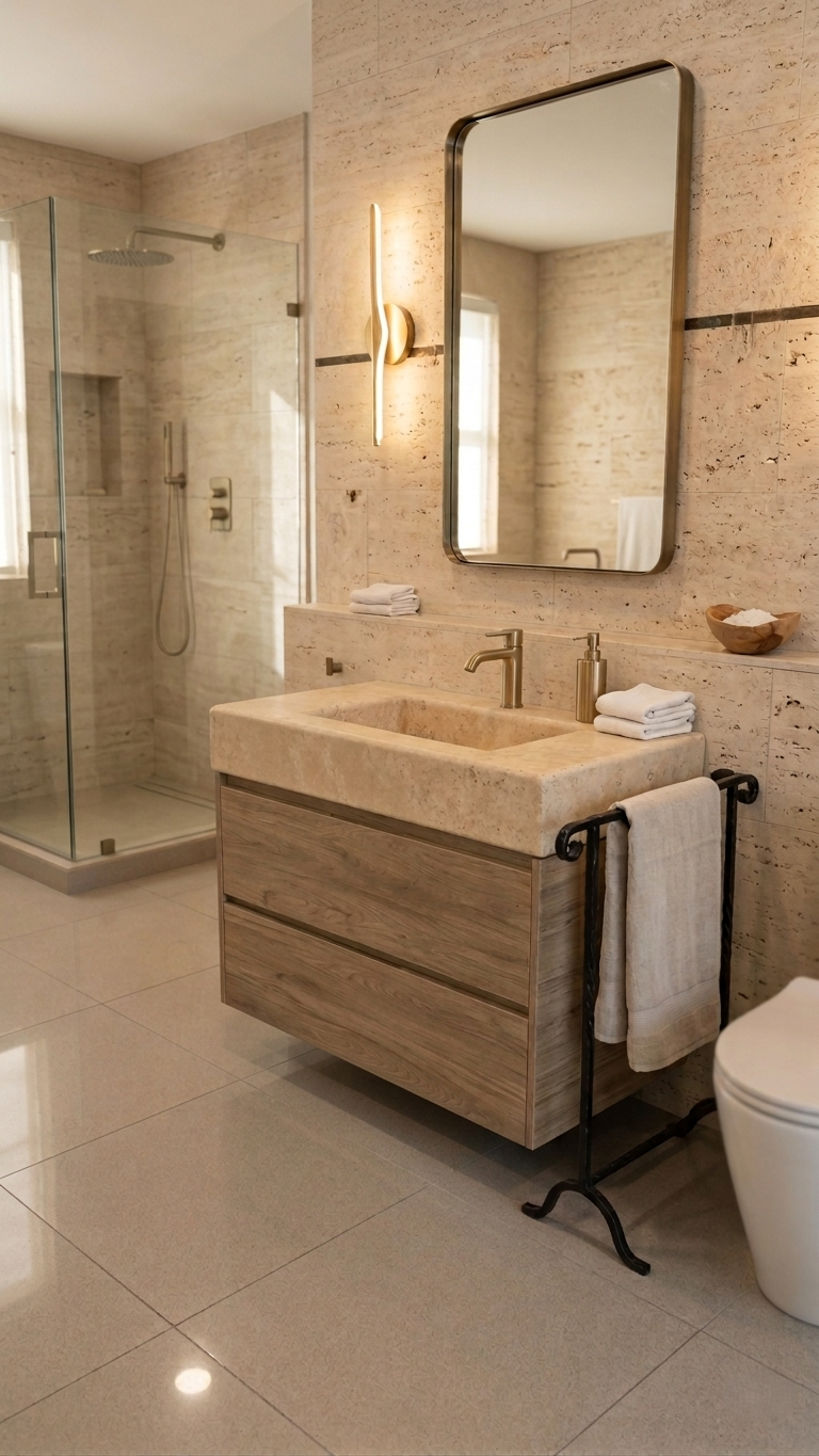 Miami 2 Drawers Bathroom Vanity with Cream Travertine Single Integrated Vanity Sink - Wall Mount - 36" Particle Board Laminated/Teak