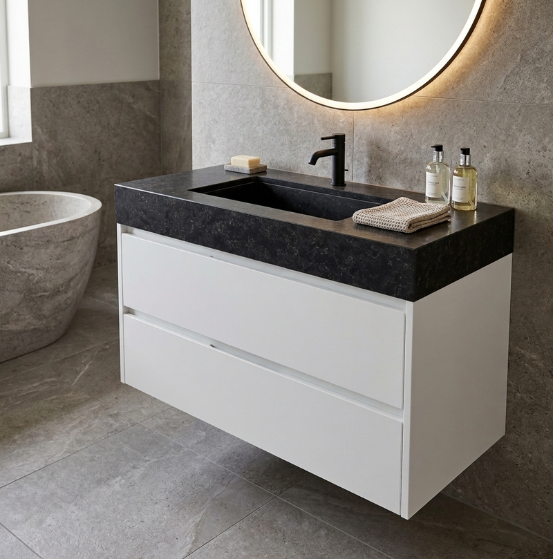 Miami 2 Drawers Bathroom Vanity with Belgian Blue Single Integrated Vanity Sink - Wall Mount - 32" Particle Board Laminated/Matt White