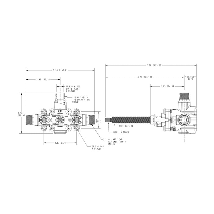 East Linear 1 Way Pressure Balance Shower Mixer - Wall Mount - 7" Brass/Stainless Steel