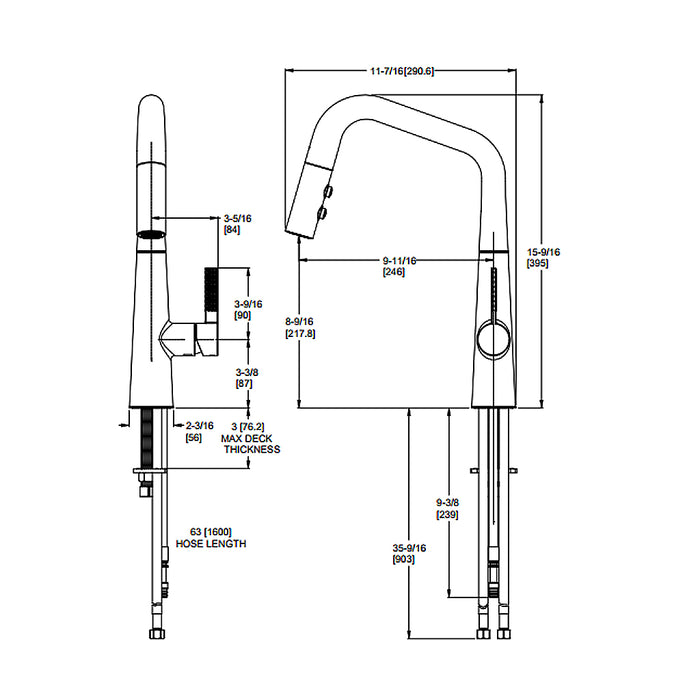 Asari Pull Down Kitchen Faucet - Single Hole - 16" Brass/Stainless Steel