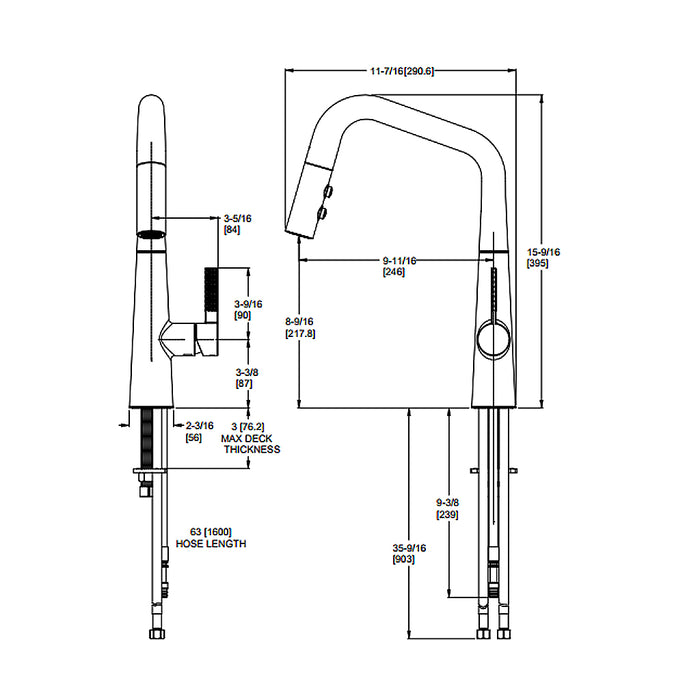 Asari Pull Down Kitchen Faucet - Single Hole - 16" Brass/Matt Black