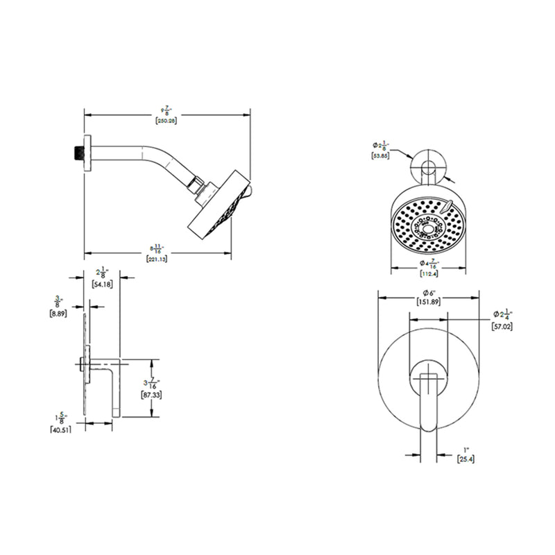 Rond 1 Way Pressure Balance Trim Complete Shower Set - Wall Mount - 5" Brass/Gun Metal