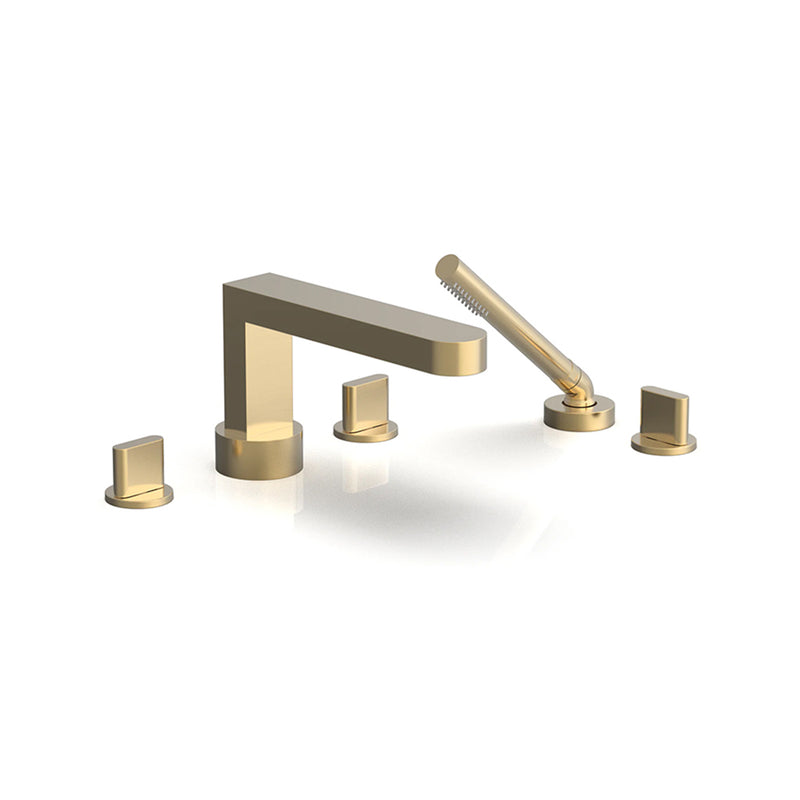 Rond Round Blade Handles With Hand Shower Complete Tub Faucet - Drop-In - 8" Brass/Satin Brass