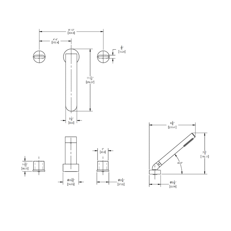 Rond Round Blade Handles With Hand Shower Complete Tub Faucet - Drop-In - 8" Brass/Satin Nickel