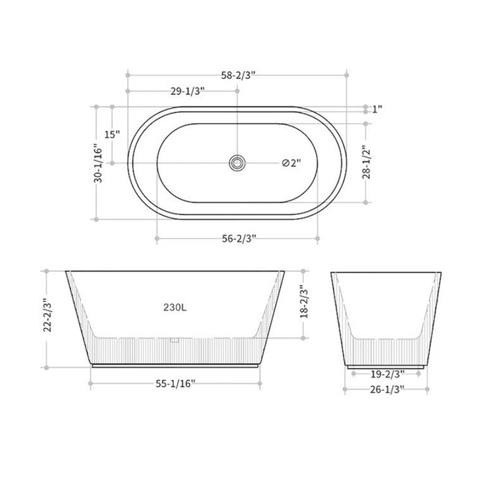 Ally Groove Round Bathtub - Free Standing - 59" Acrylic/White