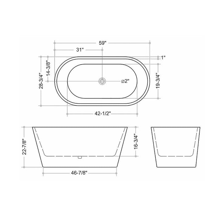 Sleek Round Bathtub - Free Standing - 59" Acrylic/Black And White