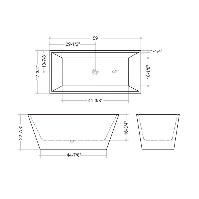 Sleek Square Bathtub - Free Standing - 59" Acrylic/White