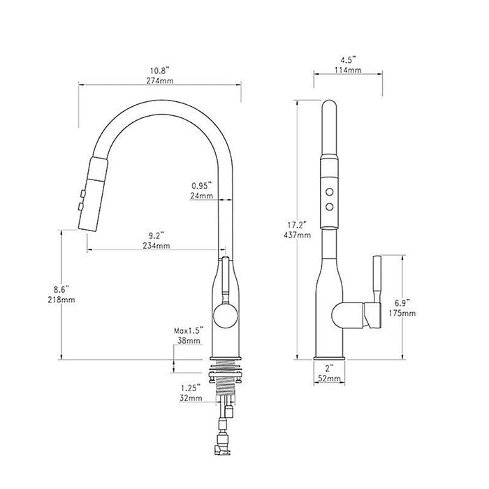 Metro Pull Down Kitchen Faucet - Single Hole - 17" Brass/Matt Black