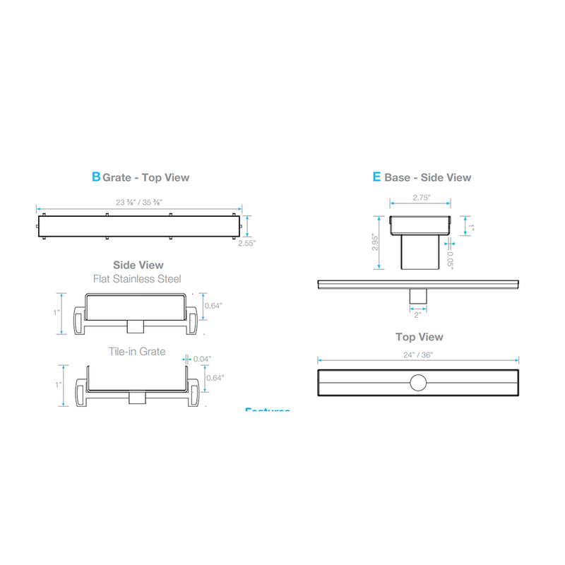 Bay Reversible 2 In 1 Linear Shower Drain - Floor Mount - 36" Stainless Steel/Satin
