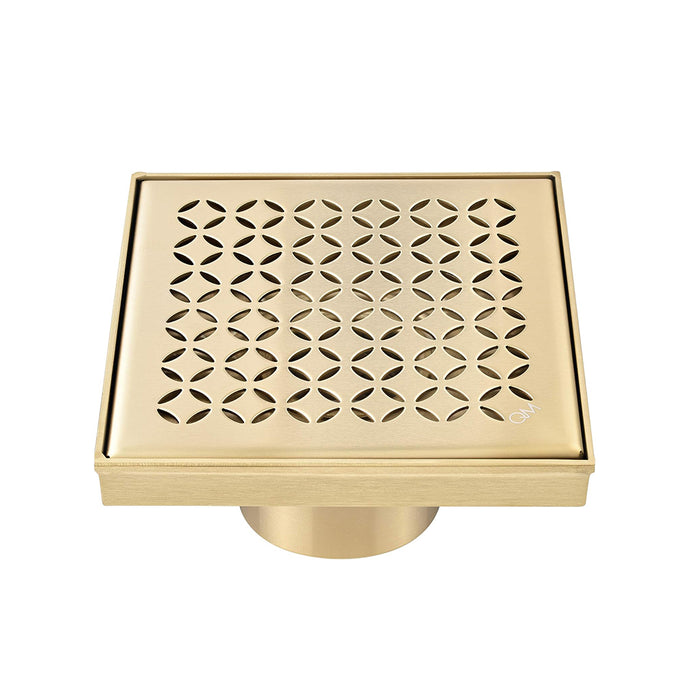 Delmar Lotus Center Square Shower Drain - Floor Mount - 6" Stainless Steel/Gold