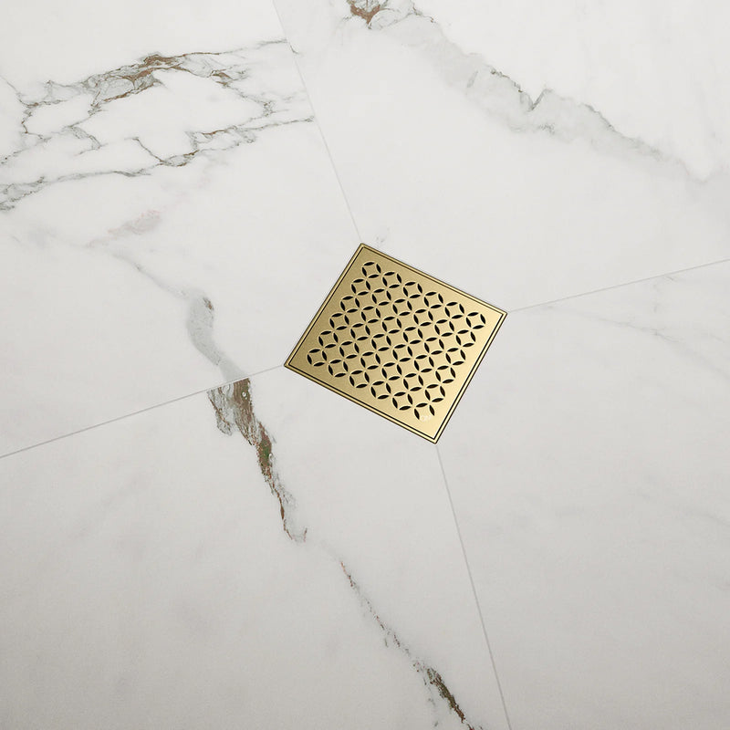 Delmar Lotus Center Square Shower Drain - Floor Mount - 6" Stainless Steel/Gold