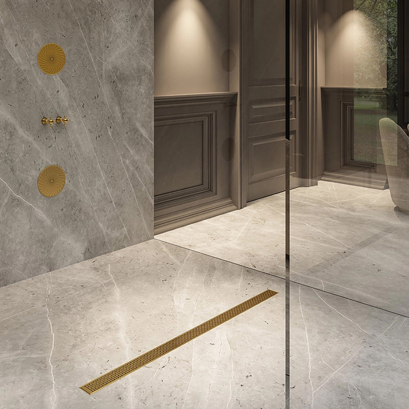 Lotus Delmar Standard Length Plain Edge Linear Shower Drain - Floor Mount - 58" Stainless Steel/Gold