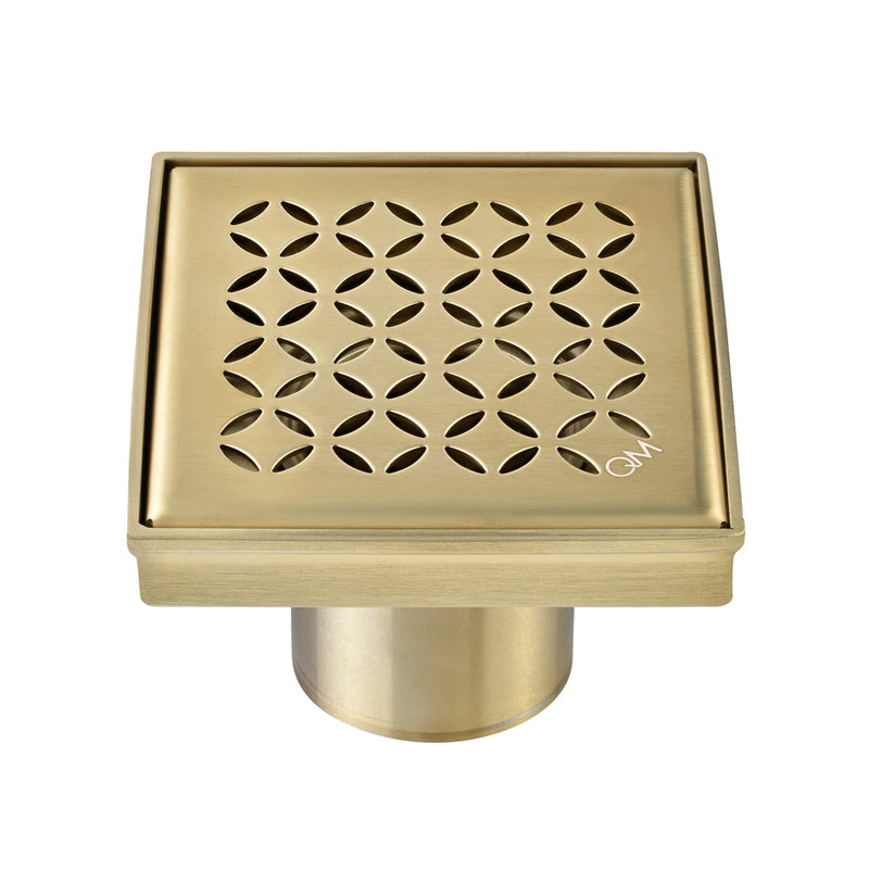 Delmar Lotus Center Square Shower Drain - Floor Mount - 4" Stainless Steel/Gold