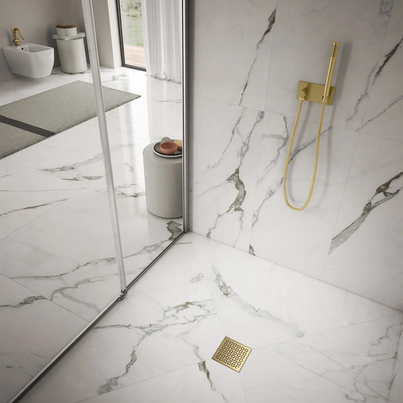 Delmar Lotus Center Square Shower Drain - Floor Mount - 4" Stainless Steel/Gold