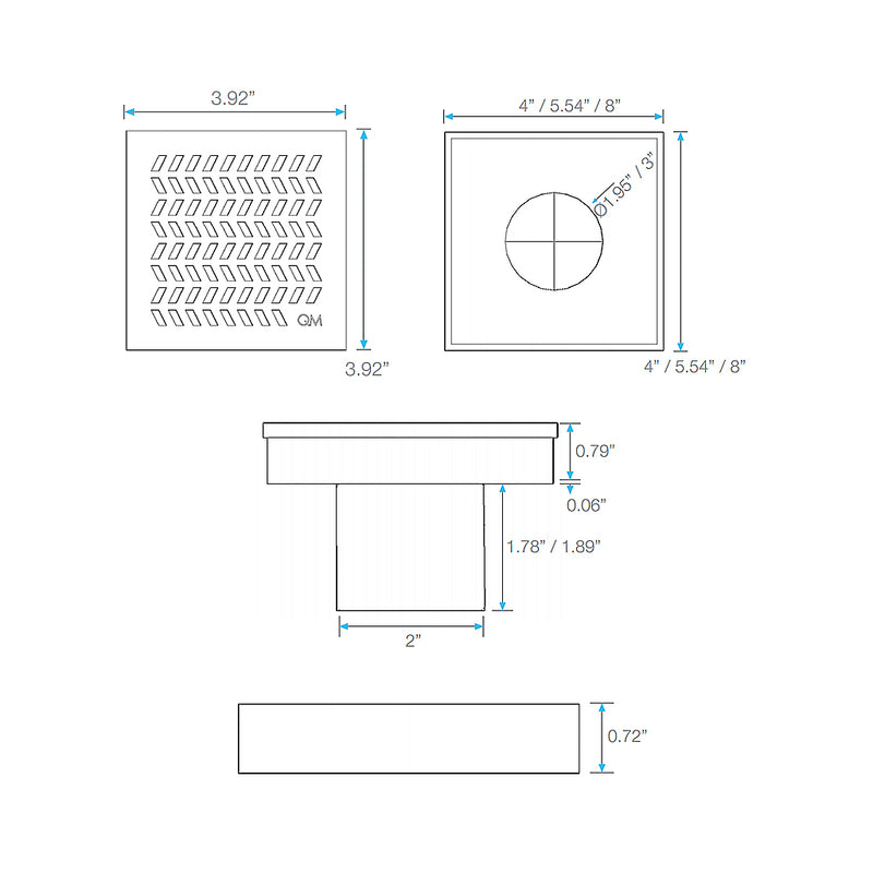Delmar Lotus Center Square Shower Drain - Floor Mount - 4" Stainless Steel/Gold