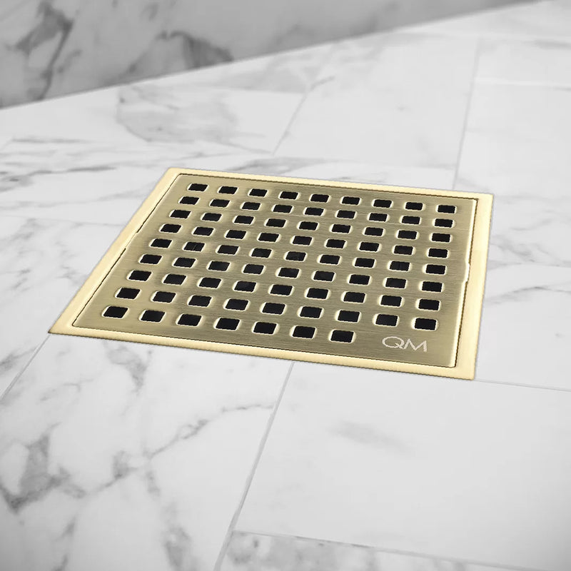 Lagos Mira Center Square Shower Drain - Floor Mount - 4" Stainless Steel/Gold