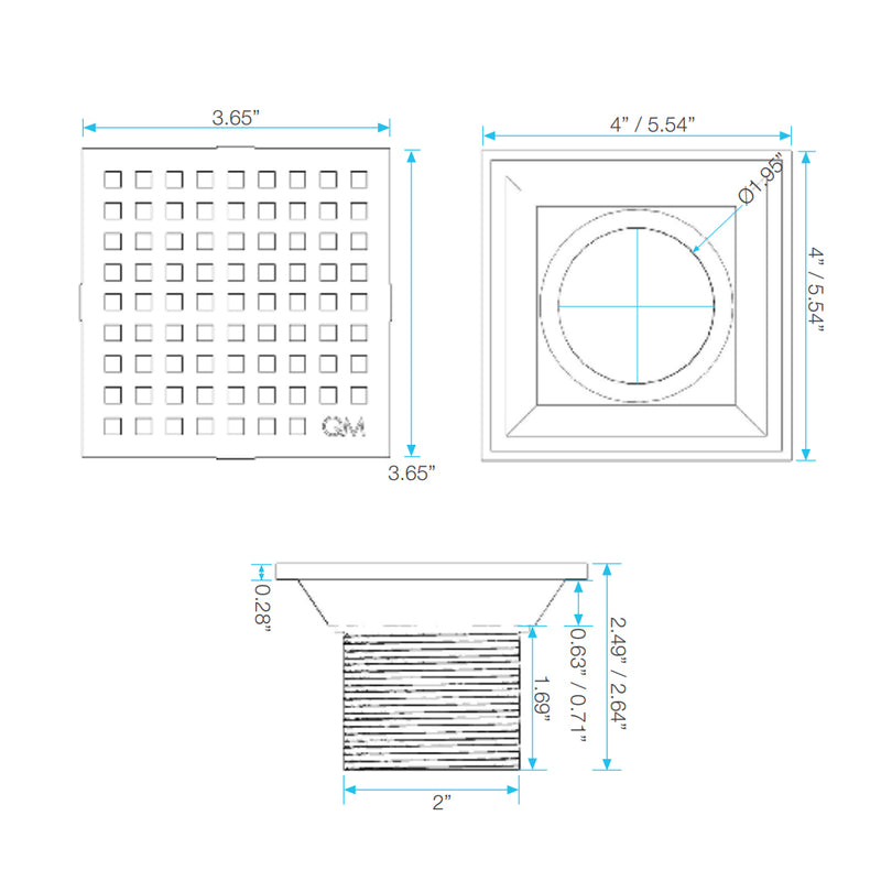 Lagos Mira Center Square Shower Drain - Floor Mount - 4" Stainless Steel/Satin