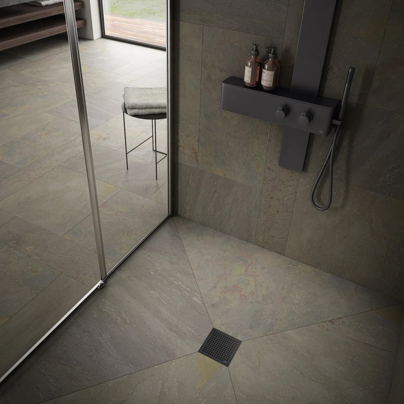 Lagos Mira Center Square Shower Drain - Floor Mount - 4" Stainless Steel/Black