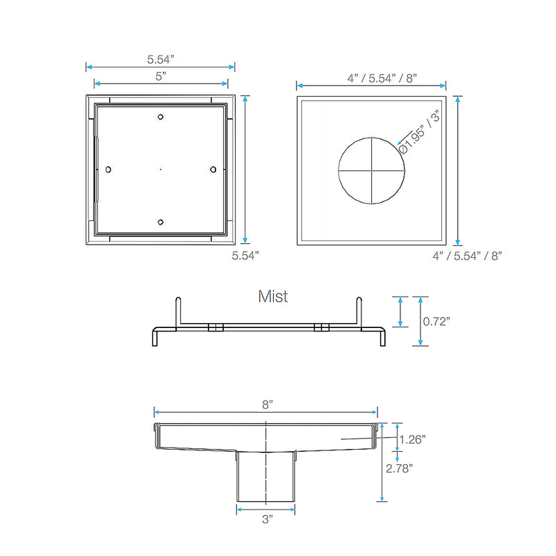 Delmar Mist (Tile-In) Center Square Shower Drain - Floor Mount - 6" Stainless Steel/Satin
