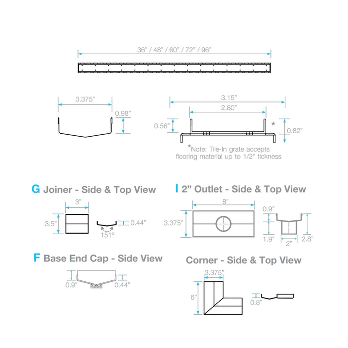 Mist (Tile-In) Adjustable Kit Linear Shower Drain (2" Outlet) - Floor Mount - 36"  Stainless Steel/Satin