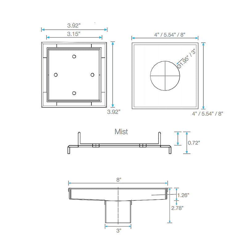 Delmar Mist (Tile-In) Center Square Shower Drain - Floor Mount - 4" Stainless Steel/Black