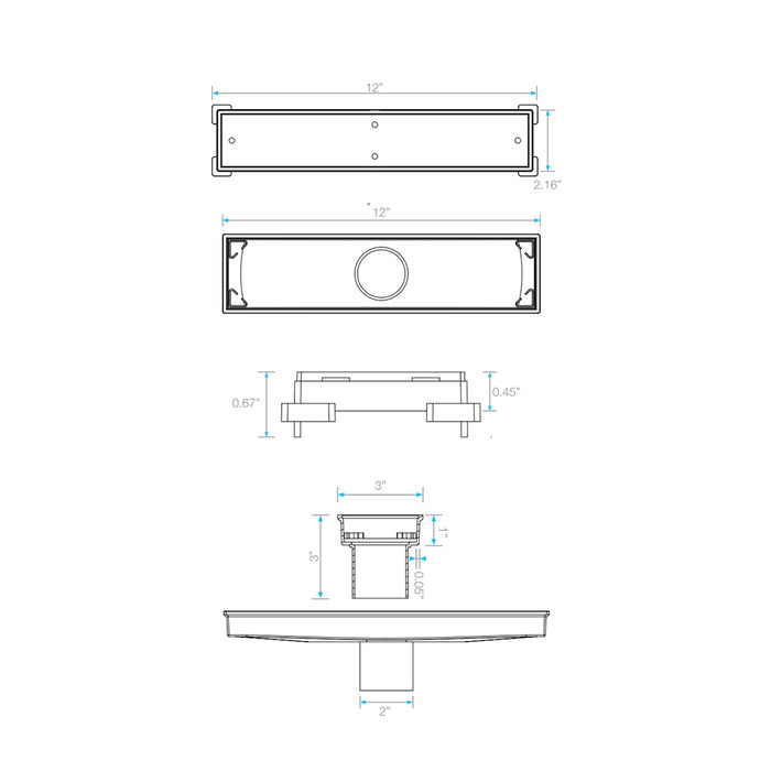 Lagos Veil (Tile-In) Linear Shower Drain - Floor Mount - 12" Stainless Steel/Satin