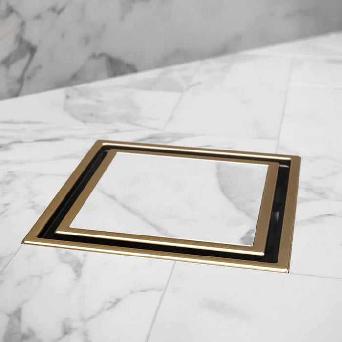 Veil (Tile-In) Center Shower Drain - Floor Mount - 6" Stainless Steel/Gold
