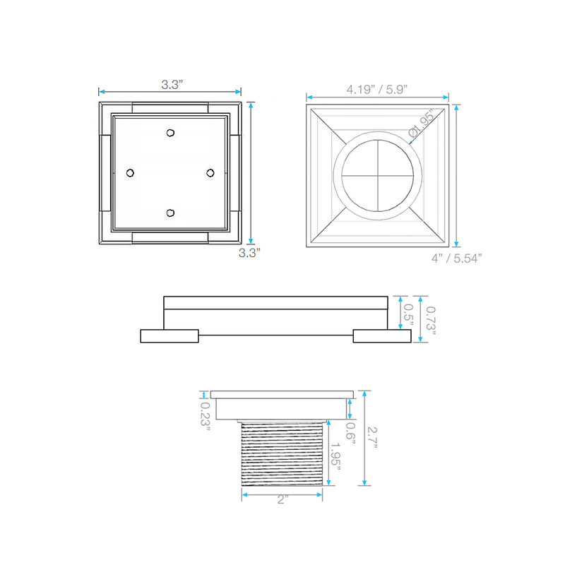 Lagos Veil (Tile-In) Center Square Shower Drain - Floor Mount - 4" Stainless Steel/Polished