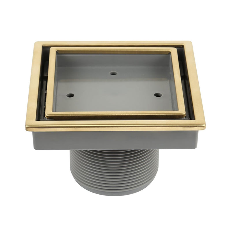 Lagos Veil (Tile-In) Center Square Shower Drain - Floor Mount - 4" Stainless Steel/Gold