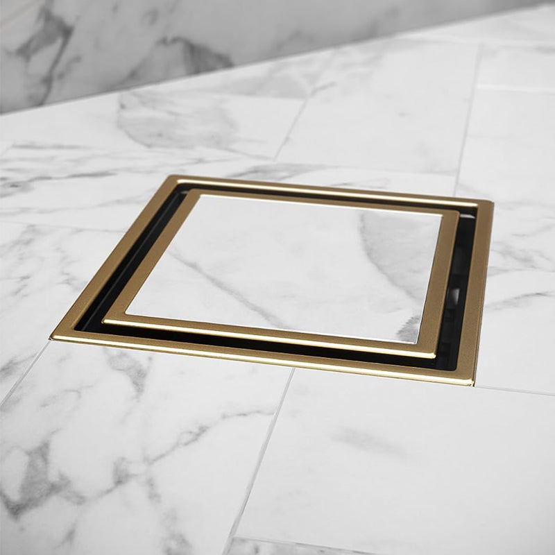 Lagos Veil (Tile-In) Center Square Shower Drain - Floor Mount - 4" Stainless Steel/Gold