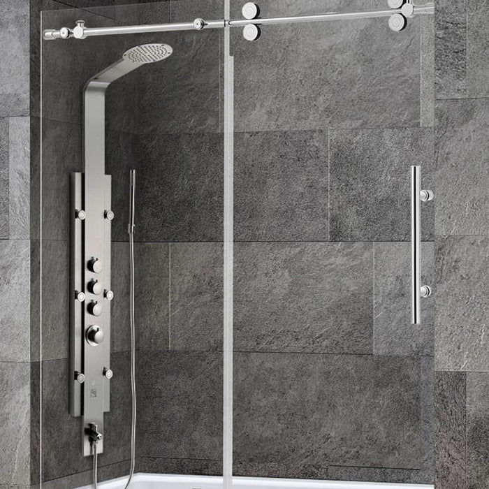 Round 4 Wheels Frameless Bathtub Shower Door - Wall Mount - 60" Tempered Glass/Brushed Nickel