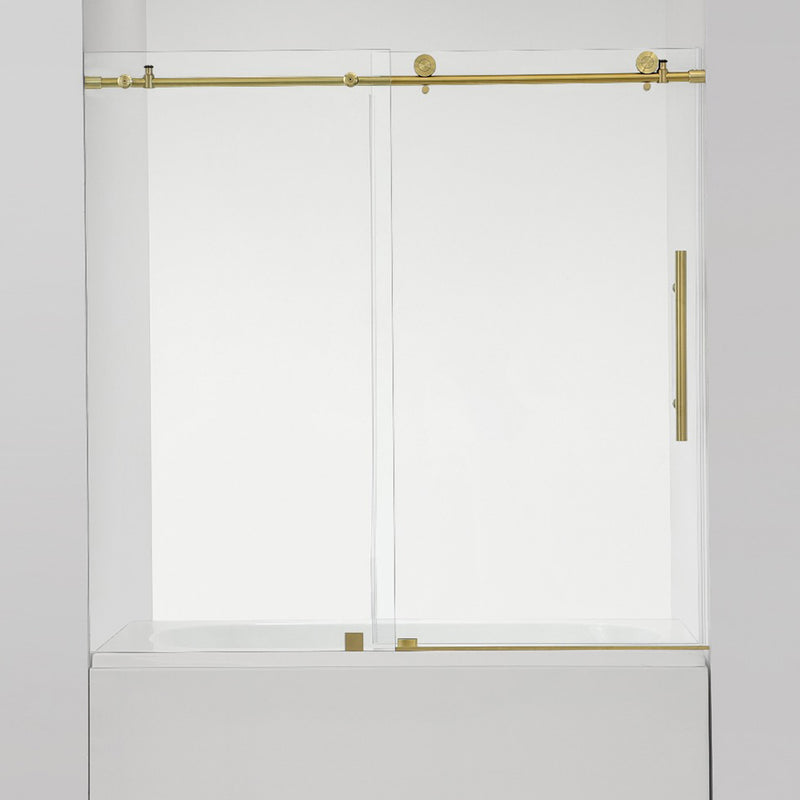 Round 4 Wheels Frameless Bathtub Shower Door - Wall Mount - 60" Tempered Glass/Brushed Gold