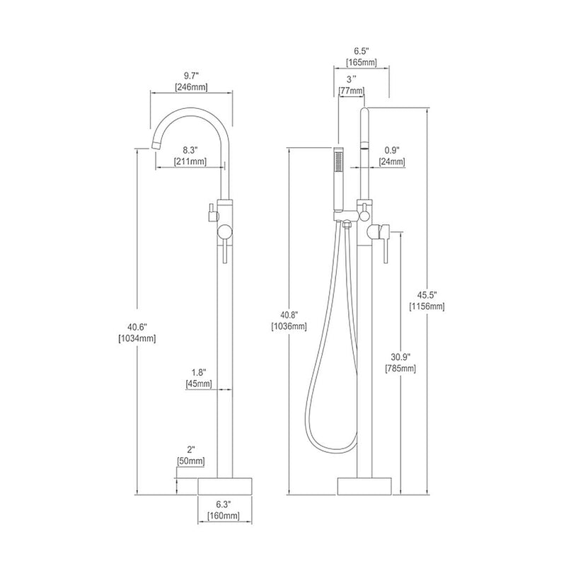 Metro Tub Faucet - Free Standing - 46" Brass/Polished Chrome