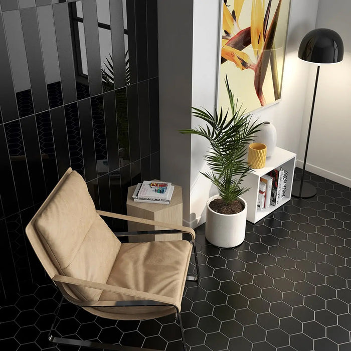 Block Negro Hexagon Matte Wall Tile - Wall Or Floor Mount - 2 x 10" Ceramic/Black - Piece : 0.18 SqFt = $ 6.48 / Box: 3.55 Sqft = $ 22.00 - Pieces Per Box: 20 Units