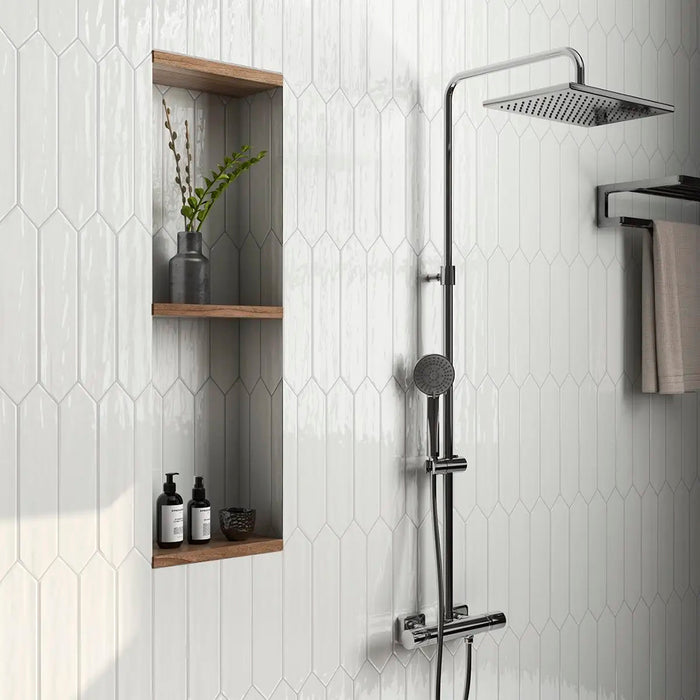 Flow White Hexagon Picket Wall Tile - Wall Mount - 3 x 12" Ceramic/White - Piece : 0.23 SqFt = $ 6.05 / Box: 11.79 Sqft = $ 72.00 - Pieces Per Box: 50 Units