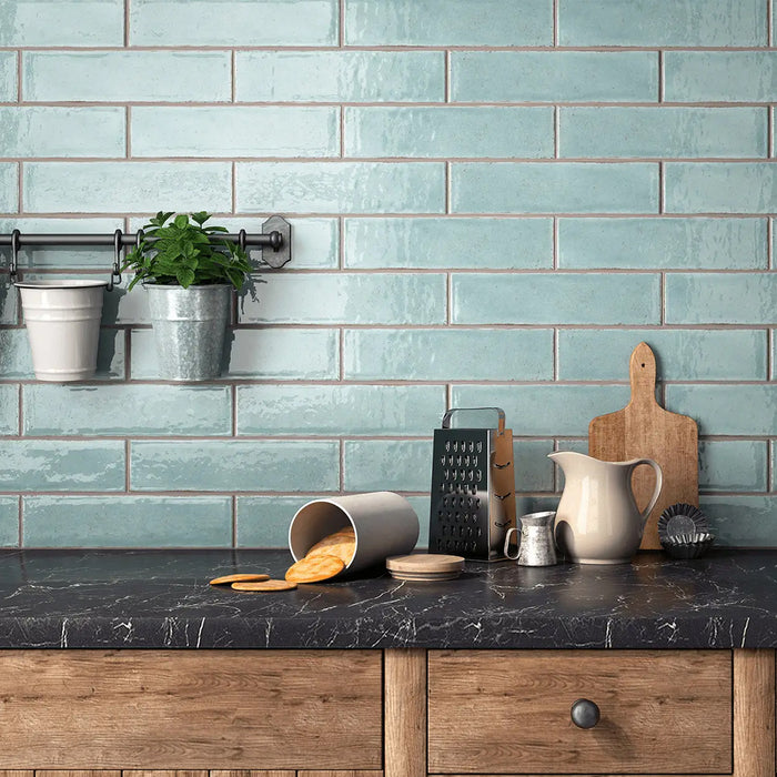 Maiolica Aqua Bright Wall Tile - Wall Mount - 4 x 10" Ceramic/Aqua - Piece : 0.29 SqFt = $ 3.11 / Box: 11.25 Sqft = $ 35.00 - Pieces Per Box: 38 Units