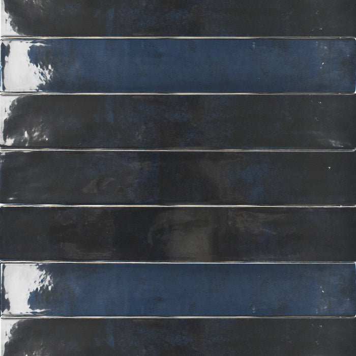 Zellige Deep Blue Wall Tile - Wall Mount - 2.5 x 16" Ceramic/Blue - Piece : 0.27 SqFt = $ 6.48 / Box: 11.09 Sqft = $ 72.00 - Pieces Per Box: 40 Units