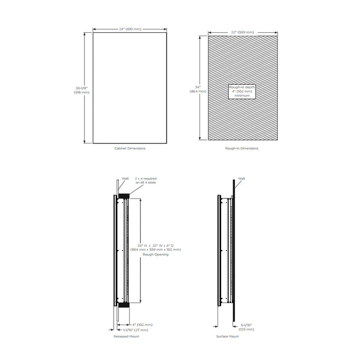 R3 Series Polished Edge and Reversible Hinge Medicine Cabinet - Wall Mount - 24W x 36H" Aluminum/Satin