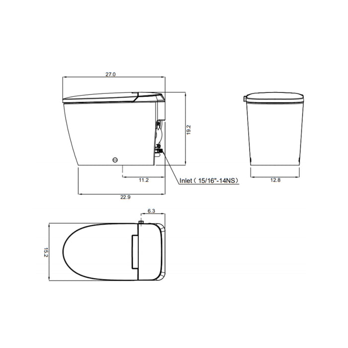 Ultra Elongated Tankless Single Flush One Piece Bidet Smart Toilets - Floor Mount - 15" Vitreous China/Gloss White