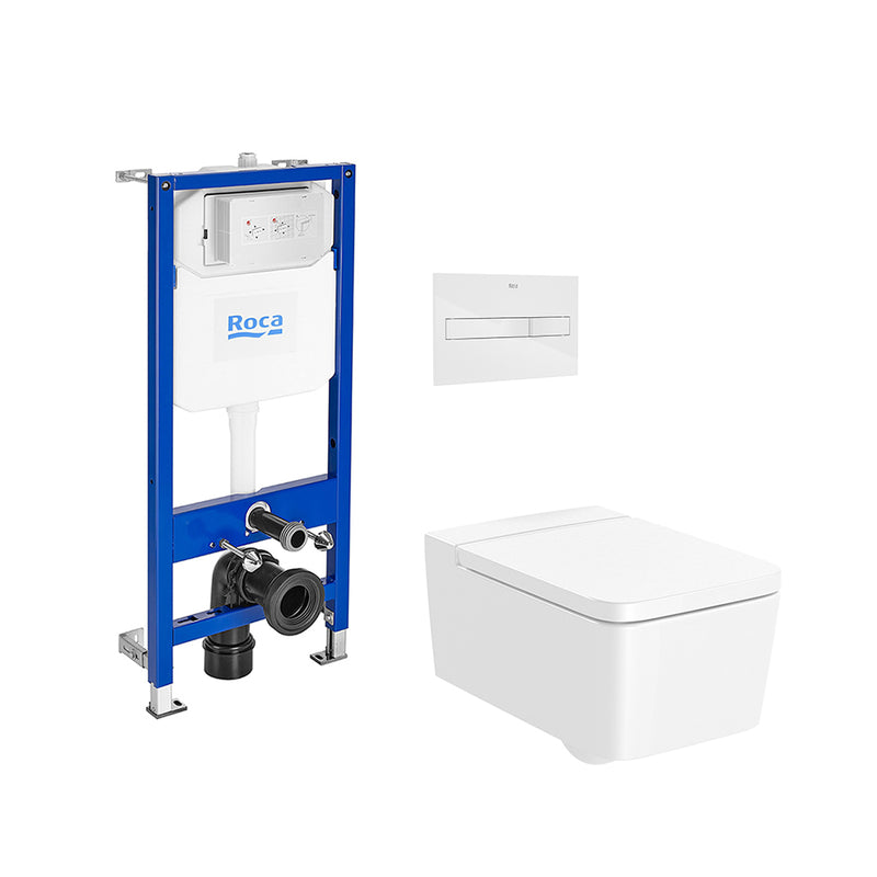 Inspira Square Complete Rimless Toilet with In-Wall PL2 Dual Flush Plate - Wall Mount - 15" Porcelain/Glossy White