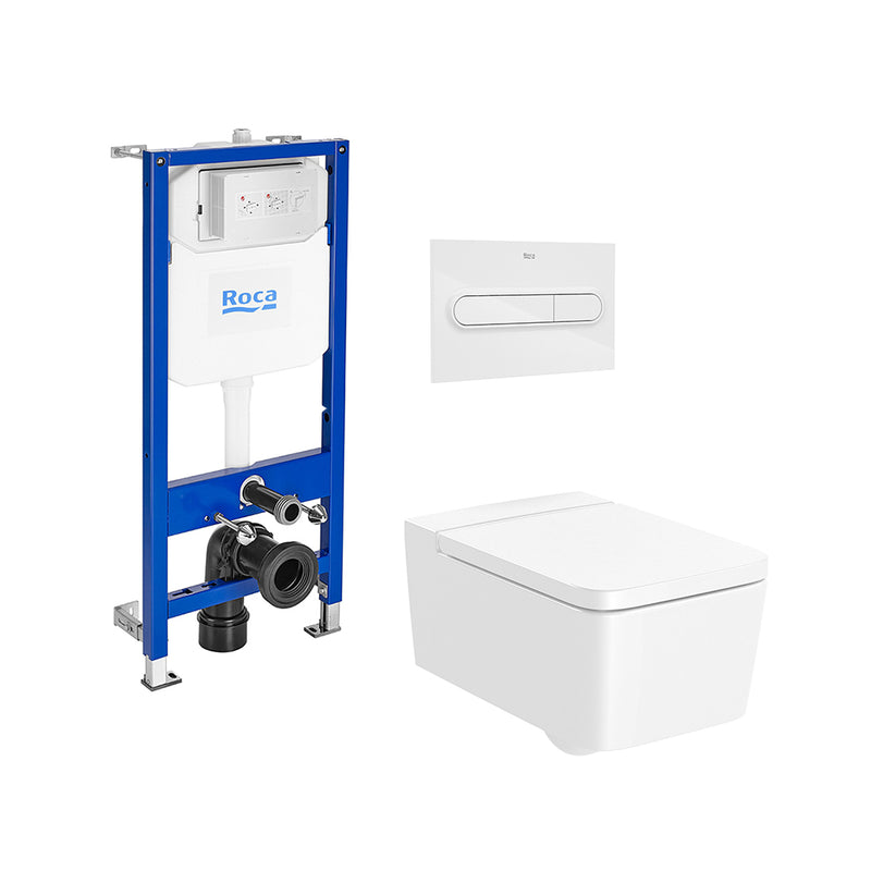 Inspira Square Complete Rimless Toilet with In-Wall PL1 Dual Flush Plate - Wall Mount - 15" Porcelain/Glossy White