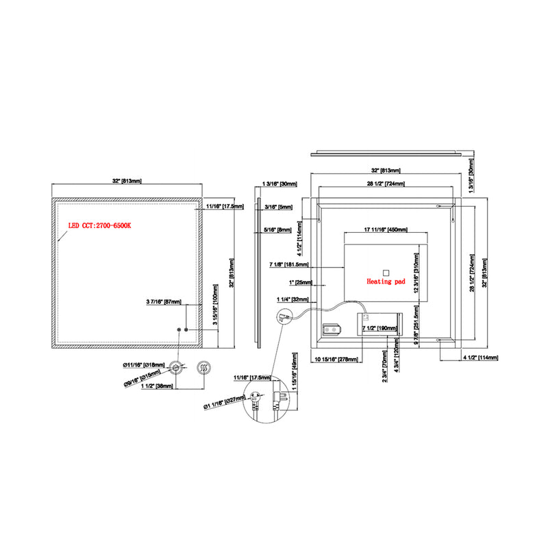 Lumini Anti-Fog Frameless Led Touch Vanity Mirror - Wall Mount - 32 x 32" Glass/Glass