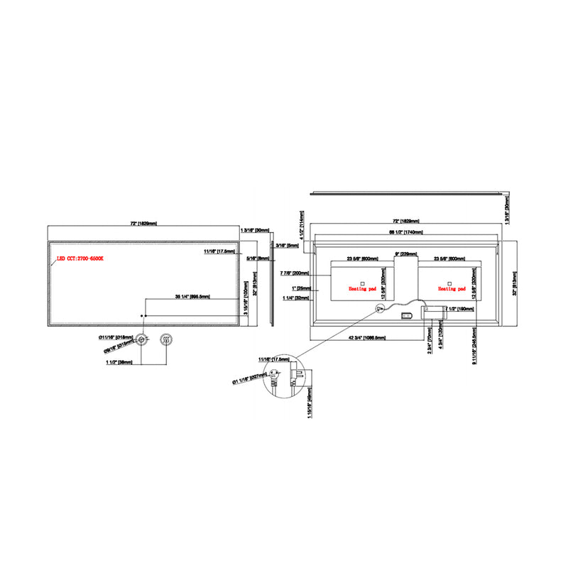 Lumini Anti-Fog Frameless Led Touch Vanity Mirror - Wall Mount - 72 x 32" Glass/Glass