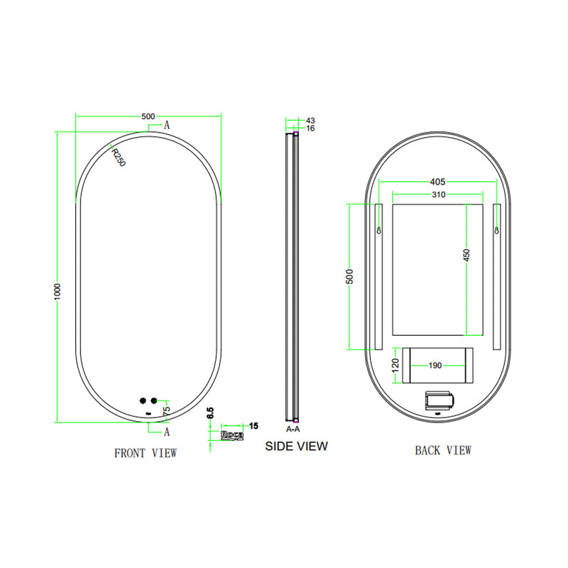 Luna Frame Led Touch Oval Vanity Mirror - Wall Mount - 20" Glass/Matt Black