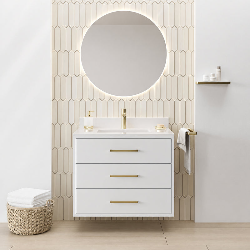 Maris 3 Drawers Bathroom Vanity with Quartz Top and Undermount Sink - Wall Mount - 30" Wood/Matt White