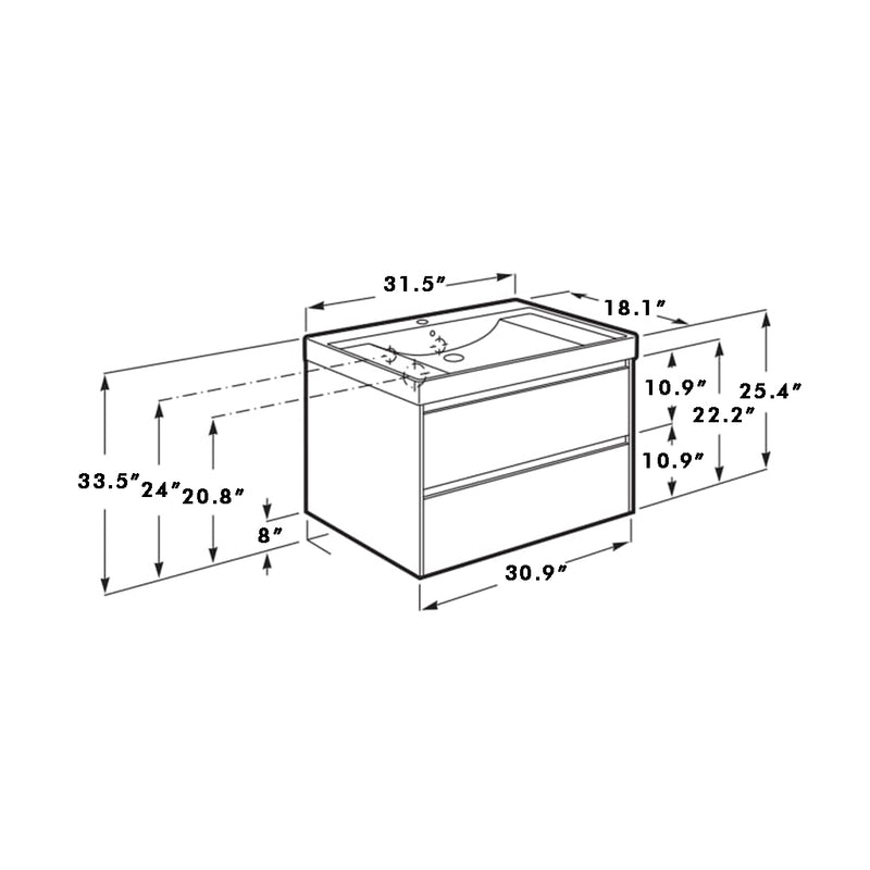 Ona 2 Drawers Bathroom Vanity with Ceramic Sink - Wall Mount - 32" Mdf/Light Oak