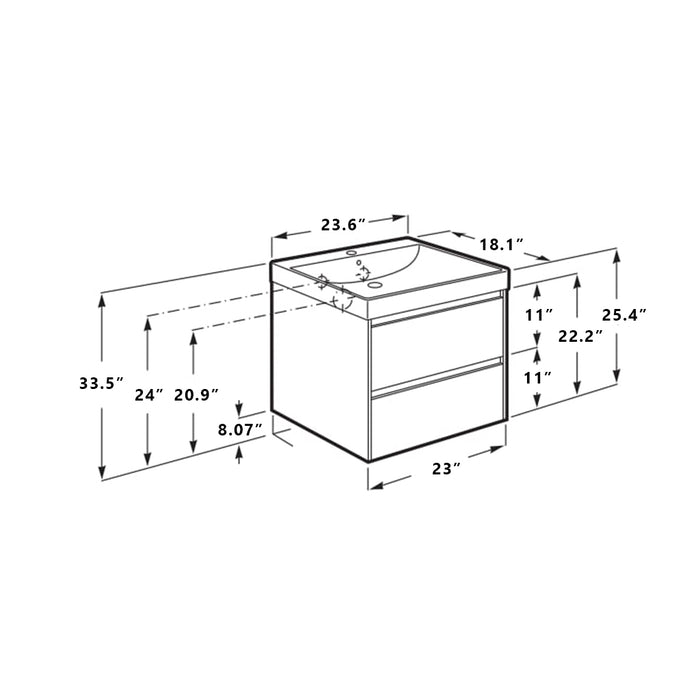 Ona 2 Drawers Bathroom Vanity with Ceramic Sink - Wall Mount - 24" Mdf/Matt White