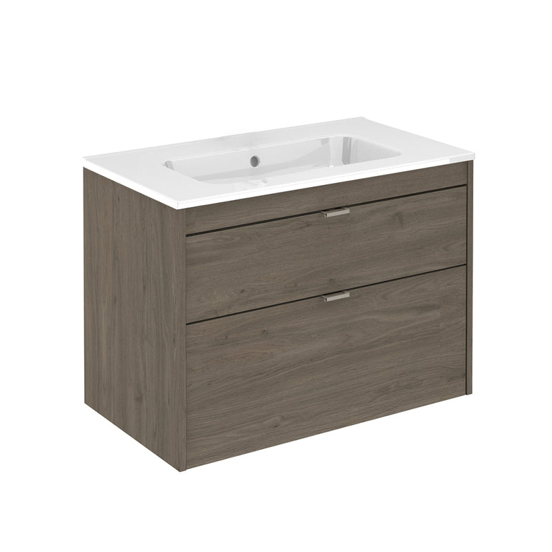 Logika 2 Drawers Bathroom Vanity with Ceramic Single Sink - Wall Mount - 32" Mdf/Eternity Oak/Inox