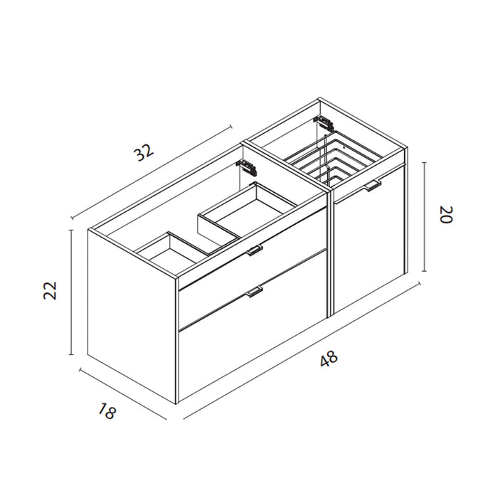 Logika 2 Drawers And 1 Wardrobe Bathroom Vanity with Mineral Countertop - Wall Mount - 48" Mdf/Matt White/Inox